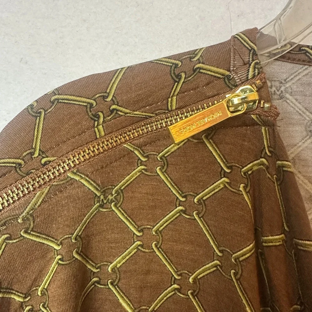 Michael‎ Kors Caramel brown Equestrian Chain Print Cowl Neck Zipper Top sz Small